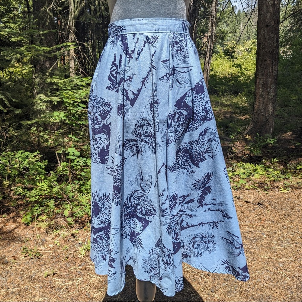 Vintage Safari Jungle Leopard Print Midi Skirt XS Tropical A-Line Boho Pocket